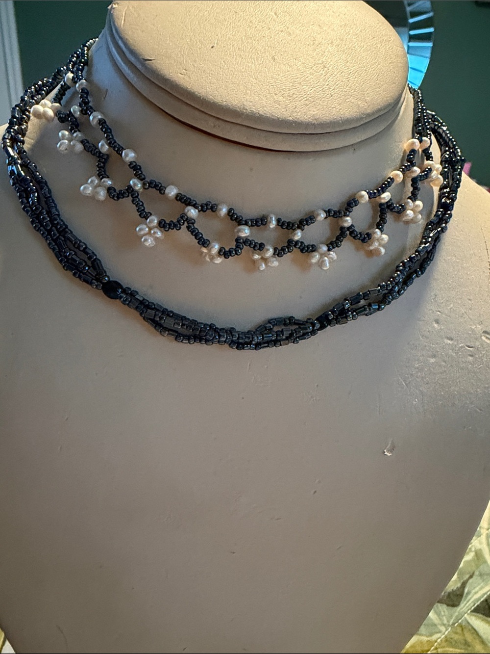 Black Seed Bead Choker Necklace with White Pearl Accents